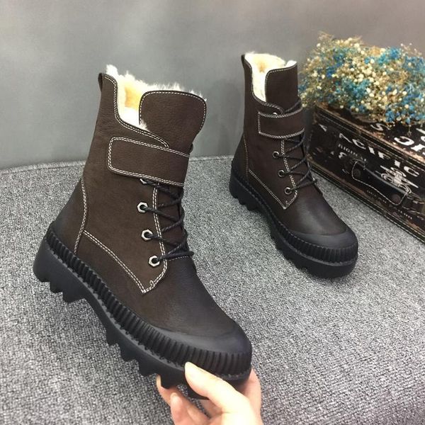 boots british style women shoes warm 2021 winter arrival genuine leather ladies ankle female square heels snow, Black